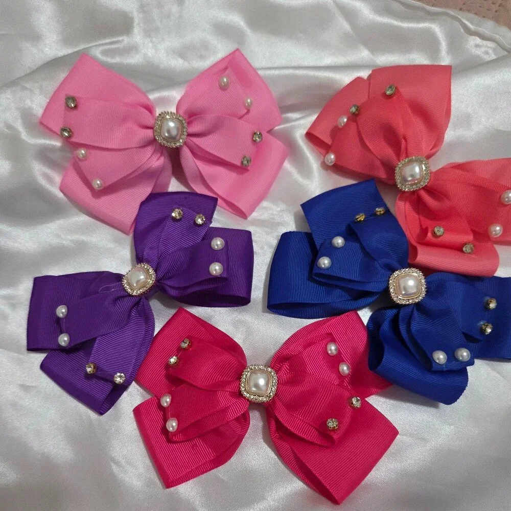 5pcs Pearl & Rhinestone Hair Bows ✨ Girls Elegant Ribbon Clips Cute Accessor